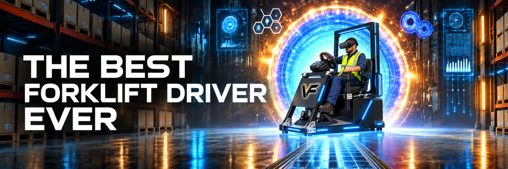 The best forklift driver ever — operator training on the Virtual Forklift Classroom Standard simulator inside a glowing VR portal